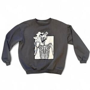Y2k grunge whimsigoth Skeleton gothic grey crewneck sweatshirt womens XL